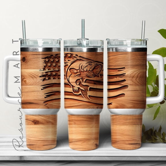 Star Mug 40Oz Engraved Wood Bass Fish And Flag Tumbler Wrap Design, Men'S Gift, 40 Ounce Stanley Tumbler Template Press Seamless Sublimation - Tumbler With Handle, To-Go Coffee Mug