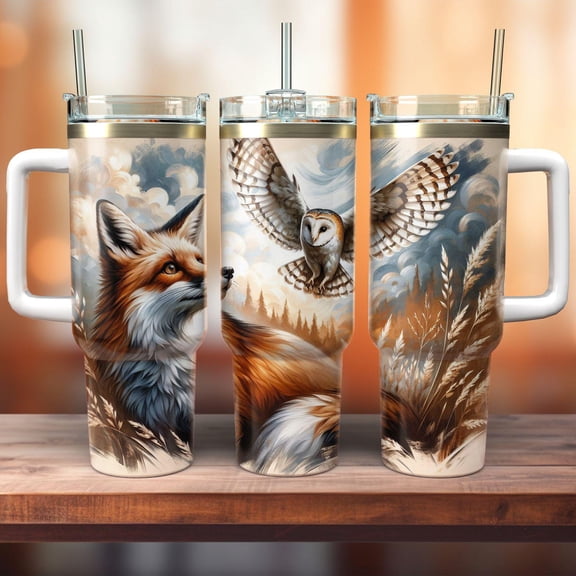 Star Mug 40Oz Thermal Mug To Go - Insulated Mug With Fox And Owl Design, Art Print, With Handle, Ideal As A Gift For Animal Lovers - Tumbler With Handle, To-Go Coffee Mug 40oz