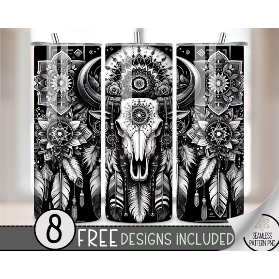 Star Mug Aztec Cow Skull Tumbler Wrap, Southwest 20Oz Skinny Tumbler Design, Western Tumbler Wrap , Seamless To-Go Coffee Mug