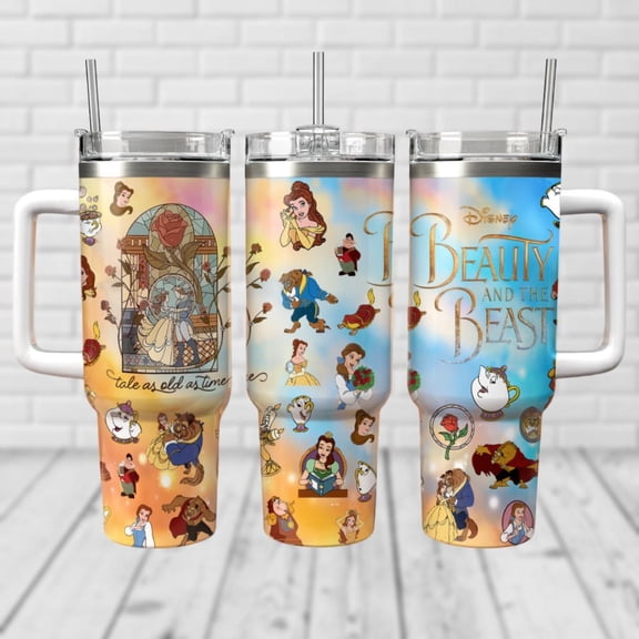 Star Mug Beauty And The Beast Tumbler 40Oz, Disney Belle Tumbler Cup, Tale As Old As Time Insulated Tumbler, Princess Disney Stainless Tumbler - Tumbler With Handle, To-Go Coffee Mug