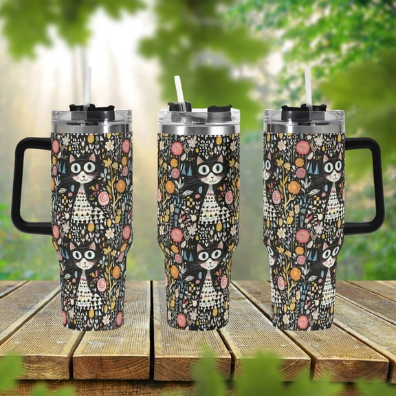 Star Mug Black Cat Floral 40oz Tumbler With Handle Lid and Straw, Cute Whimsical Cup, Travel Tumbler, Fun Tumbler Gift 40oz