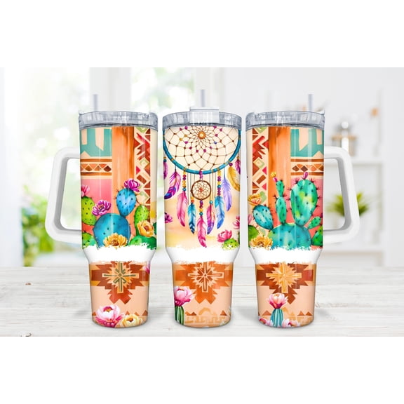 Star Mug Boho Dreamcatcher Tumbler Wrap: Aztec Cactus 40Oz - Tumbler With Handle, To-Go Coffee Mug