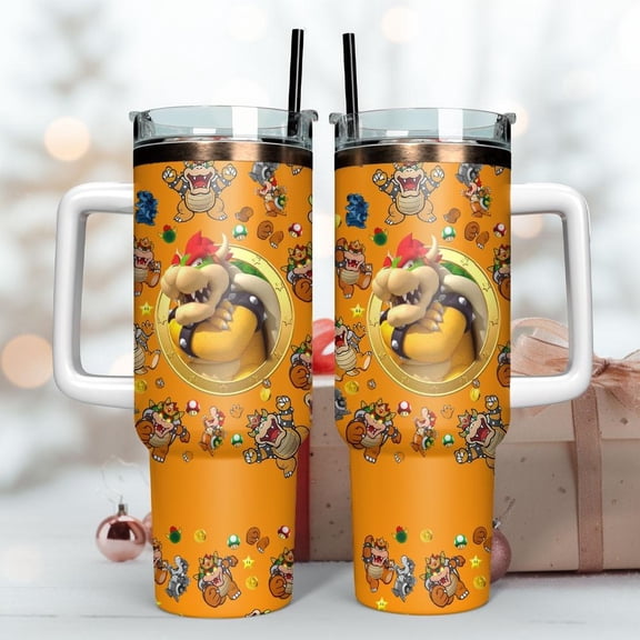 Star Mug Bowser 40Oz Tumbler With Handle, Super Mario Villain Tumbler, Gamer Stainless Steel Mug, Video Game Character Tumbler, Gamer Tumbler With Handle, To-Go Coffee Mug 40oz