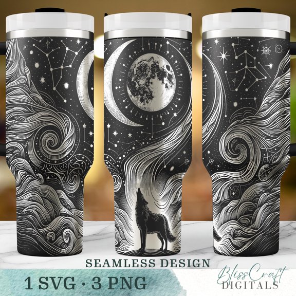 Star Mug Celestial Howling Wolf, Magical Mystic 40Oz Tumbler Wrap , Cup Design , - Tumbler With Handle, To-Go Coffee Mug 40oz