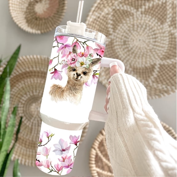 Star Mug Cherry Blossom Llama 40 Oz Travel Tumbler // Hydration / Travel Cup / Straw & Lid / Horse - Tumbler With Handle, To-Go Coffee Mug