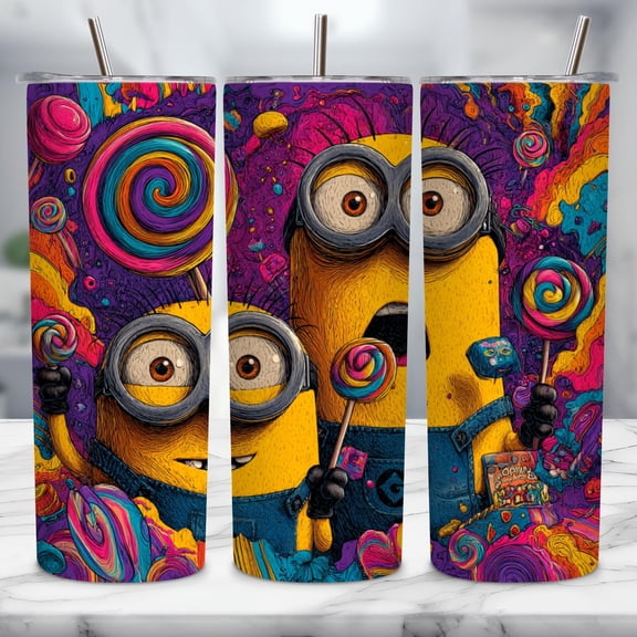 Star Mug Colorful Yellow Minio Ns Tumbler Wrap, 20Oz Skinny, Candy Land Psychedelic Cup Design, Gift To-Go Coffee Mug