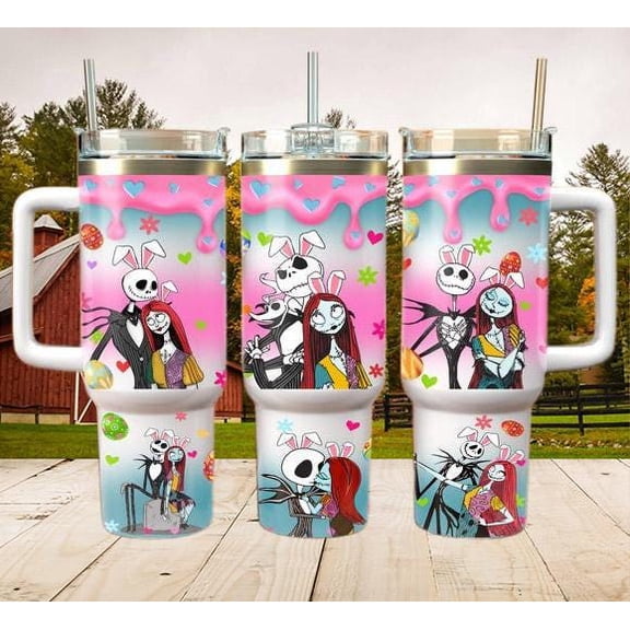 Star Mug Easter Nightmare Skinny Straight 40Oz Tumbler With Handle, Jack And Sally Bunny Design, Spooky Cute Easter Halloween Cup - Tumbler With Handle, To-Go Coffee Mug