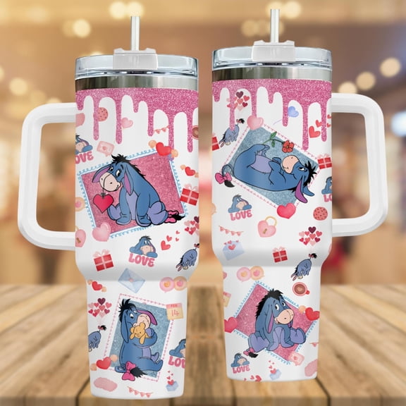 Star Mug Eeyore Valentine 40Oz Tumbler, Winnie The Pooh Donkey Coffee Tumbler, Eeyore Heart Pattern Cup, Eeyore Fan Merch Gift, Valentine Gift - Tumbler With Handle, To-Go Coffee Mug