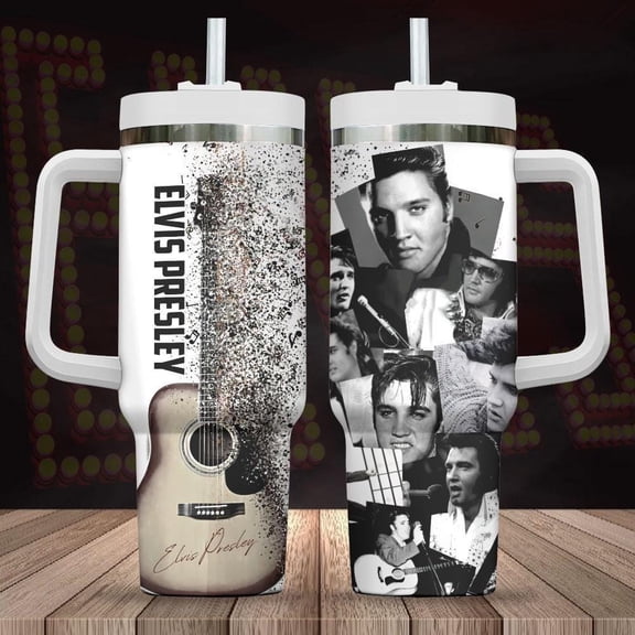 Star Mug Elvis Presley 40Oz Tumbler With Handle, Rock And Roll Tumbler, Guitar And Photo Collage Stainless Steel Cup, Rock Lover Tumbler With Handle, To-Go Coffee Mug 40oz