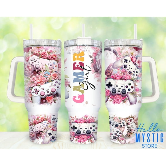 Star Mug Gamer Girl 40oz Tumbler, Flower Video Game Controller Tumbler 40Oz, Gaming 40 Oz Tumbler Wrap, Game 40 Oz Tumbler - Tumbler With Handle, To-Go Coffee Mug 40oz