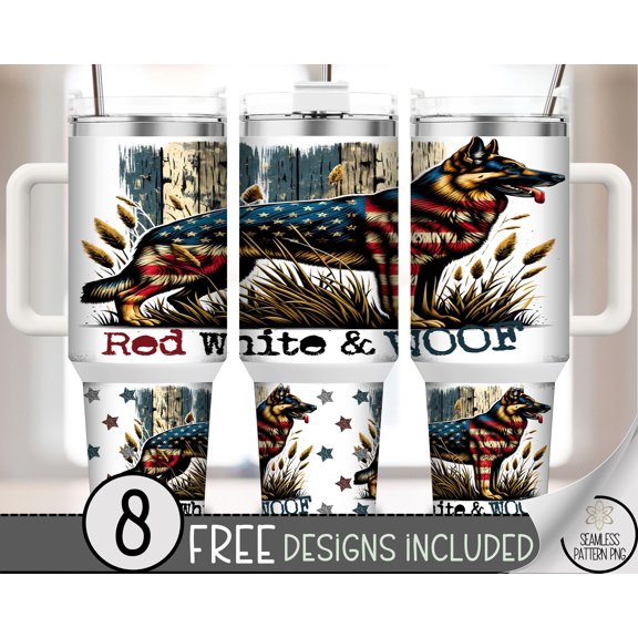 Star Mug German Shepherd Patriotic Wrap , 40 Oz Red White & Woof Design, American Flag Dog Tumbler Wrap, Fourth Of July Pet Gift A - Tumbler With Handle, To-Go Coffee Mug
