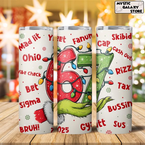 Star Mug Green Guy 67 Meme Tumbler, Trending Six Seven Meme 20Oz Skinny Tumbler, Xmas Number 67 Gifts, Six Seven Holiday Tumbler - To-Go Coffee Mug