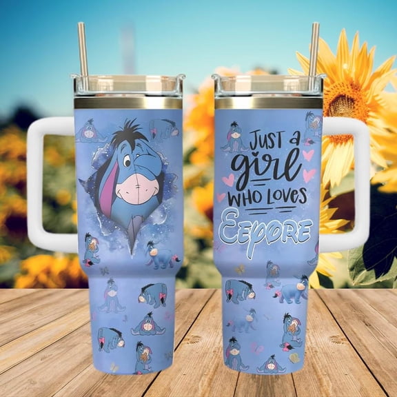 Star Mug Just A Girl Who Loves Eeyore Tumbler, Cute Eeyore Quote Travel Cup, Winnie The Pooh Fan Gift, Stainless Steel Cartoon Drinkware - Tumbler With Handle, To-Go Coffee Mug