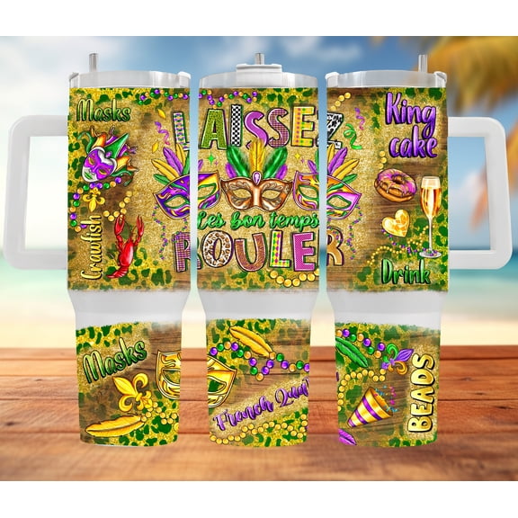 Star Mug Laissez Les Bon Temps Rouler Tumbler Wrap, 40Oz Tumbler Carnival Hand Drawn - Tumbler With Handle, To-Go Coffee Mug 40oz