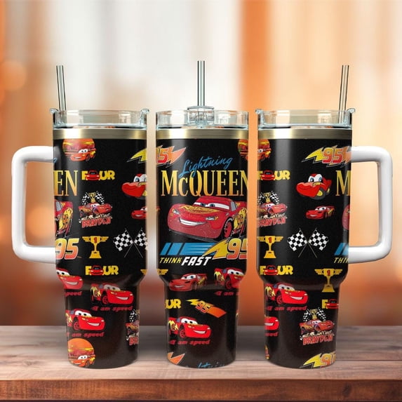 Star Mug Lightning Mcqueen Tumbler 40Oz, Car Insulated Tumbler, Retro Racing 95 Tumbler, Cartoon Tumbler For Car Lover, Pixar Cars Cup - Tumbler With Handle, To-Go Coffee Mug
