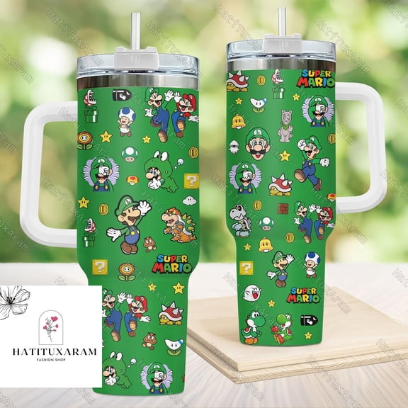 Star Mug Mario Tumbler, Gaming Mario Tumbler, 40Oz Drinkware Tumbler, Super Peach, Super Mario Bros, Mario Birthday - Tumbler With Handle, To-Go Coffee Mug 40oz
