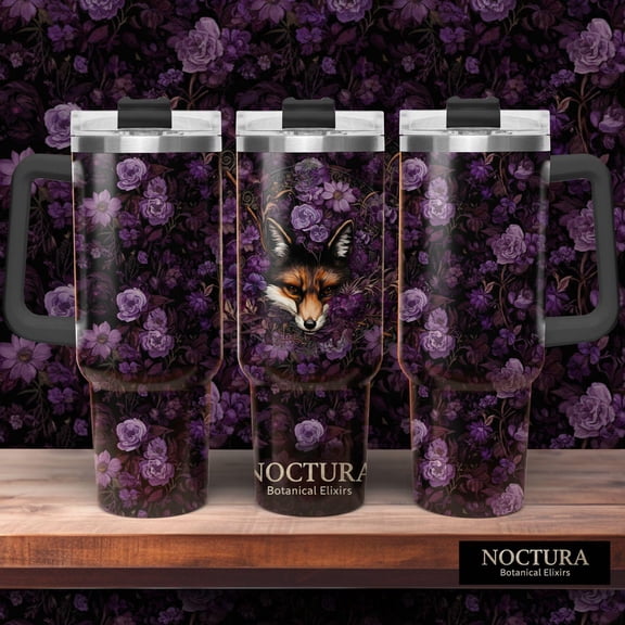 Star Mug Mystical Fox Tumbler Purple – Dark Floral Travel Mug With Handle & Straw – Botanical Gothic Design – Aesthetic Thermal Mug - Tumbler With Handle, To-Go Coffee Mug 40oz