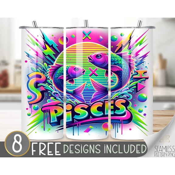Star Mug Neon Zodiac Tumbler Wrap, Pisces 20Oz Skinny Tumbler Design Astrology Sign, Zodiac Signs Tumbler,Airbrush Astrology Tumbler To-Go Coffee Mug