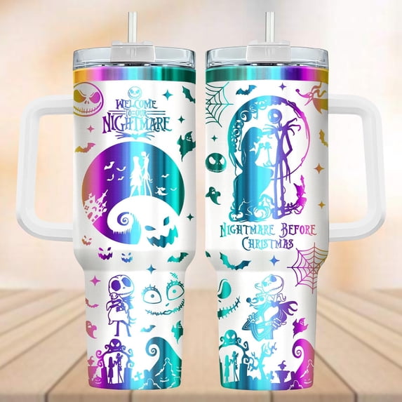 Star Mug Nightmare Before Tumbler 40Oz, Jack Skellington And Sally Tumbler, Holiday Drinkware, Horror Cup - Tumbler With Handle, To-Go Coffee Mug
