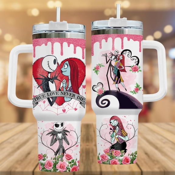 Star Mug Nightmare Before Christmas Valentine 40Oz Tumbler, Jack Sally True Love Never Die Tumbler Cup, Valentine Gift - Tumbler With Handle, To-Go Coffee Mug