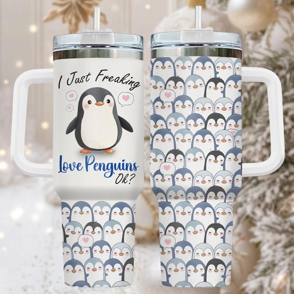 Star Mug Penguin Pattern 40Oz Tumbler, Steel Tumbler With Handle, Cute Coffee Cup Gift For Her, Holiday Drinkware, Adorable Gift - Tumbler With Handle, To-Go Coffee Mug