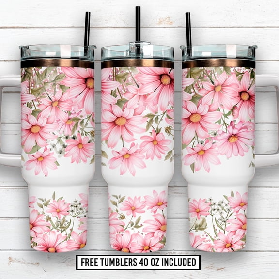 Star Mug Pink Daisy Floral 40Oz Tumbler Wrap, Spring Flower Design, Feminine Cup Wrap, Mother’S Day Tumbler - Tumbler With Handle, To-Go Coffee Mug 40oz