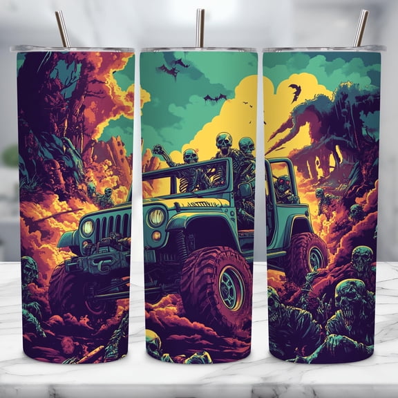 Star Mug Skeleton Jeep Tumbler, Tumbler Wrap, Spooky Jeep, 20Oz Skinny, Skull Graphic Tumbler - Tumbler With Handle, To-Go Coffee Mug
