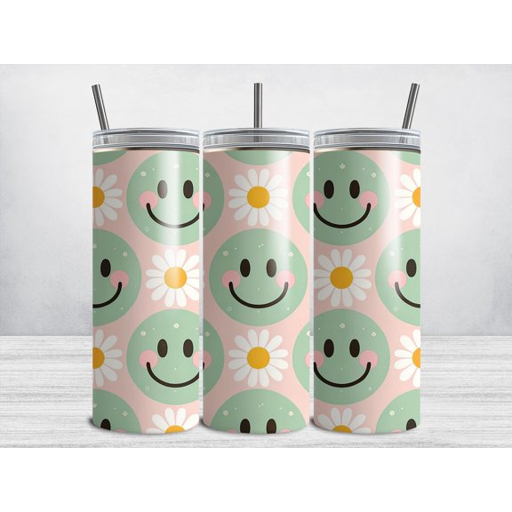 Star Mug Smiley Daisy Tumbler Wrap, Daises 20 Oz Skinny Tumbler, Cute Smiley Face, Retro Summer Vibes To-Go Coffee Mug