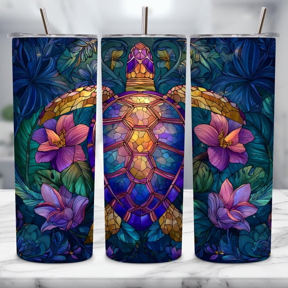 Star Mug Stained Glass Sea Turtle Wrap, 20Oz Skinny Design, Tropical Floral Mosaic Cup Design, Beach Lover Gift - Tumbler With Handle, To-Go Coffee Mug