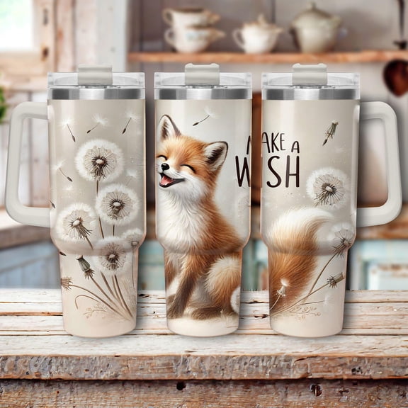 Star Mug Thermo Mug 40Oz Stainless Steel, Coffee Mug To Go With Handle, Fox - Dandelion Design, Make A Wish Saying, Forest Animal Motif, Beige Cup - Tumbler With Handle, To-Go Coffee Mug 40oz