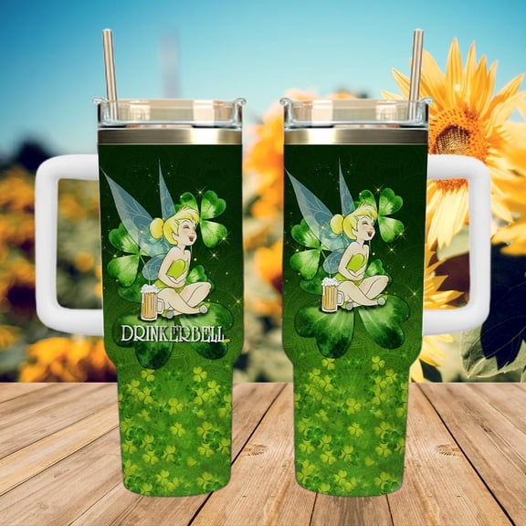 Star Mug Tinker Bell Clover Fairy Travel Tumbler, St Patrick’S Day Tinkerbell Cup, Green Fairy Tumbler, Tinker Bell Gift - Tumbler With Handle, To-Go Coffee Mug