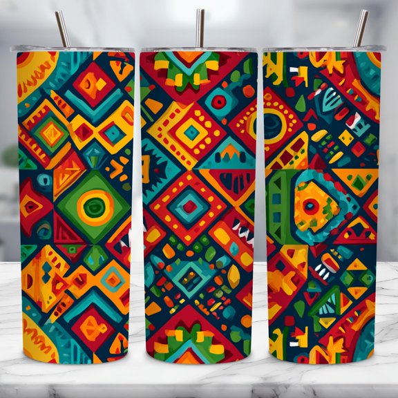 Star Mug Tribal Geometric Tumbler Wrap, 20Oz Skinny Design, Aztec Mayan Folk Art Pattern,Colorful Boho Gift, - Tumbler With Handle, To-Go Coffee Mug