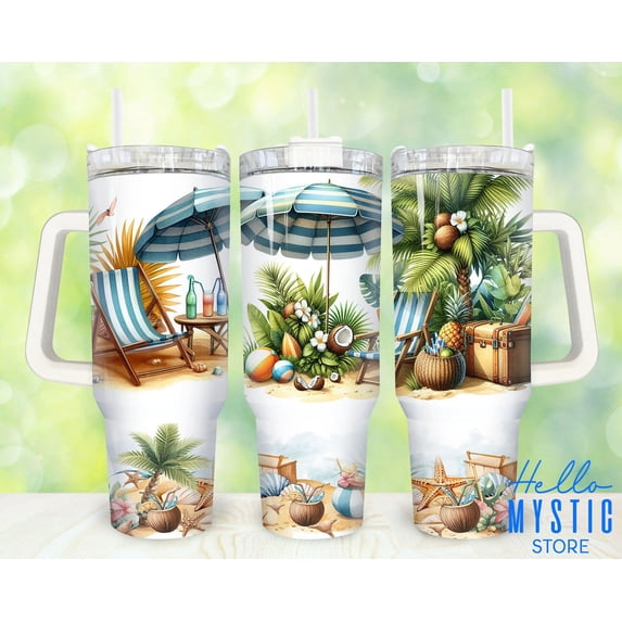 Star Mug Tropical Island 40oz Tumbler, Vacation Ocean Tumbler 40Oz, Summer Beach 40oz Quencher Tumbler Wrap, Design - Tumbler With Handle, To-Go Coffee Mug 40oz