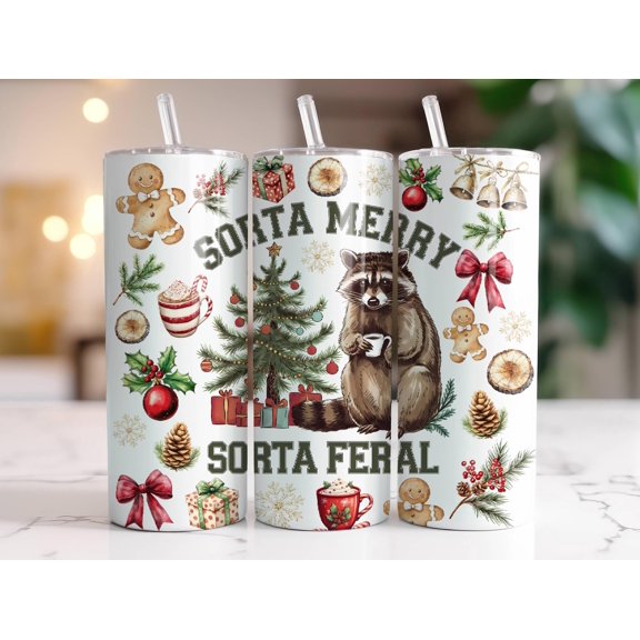 Star Mug Tumbler Wrap 20 Oz Skinny Tumbler Holiday Design, Sorta Merry Sorta Feral To-Go Coffee Mug