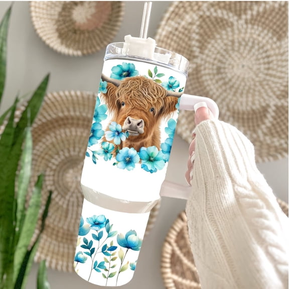 Star Mug Turquoise Floral / 40 Oz Travel Tumbler // Hydration / Travel Mugs / Travel Cup / Straw & Lid / - Tumbler With Handle, To-Go Coffee Mug