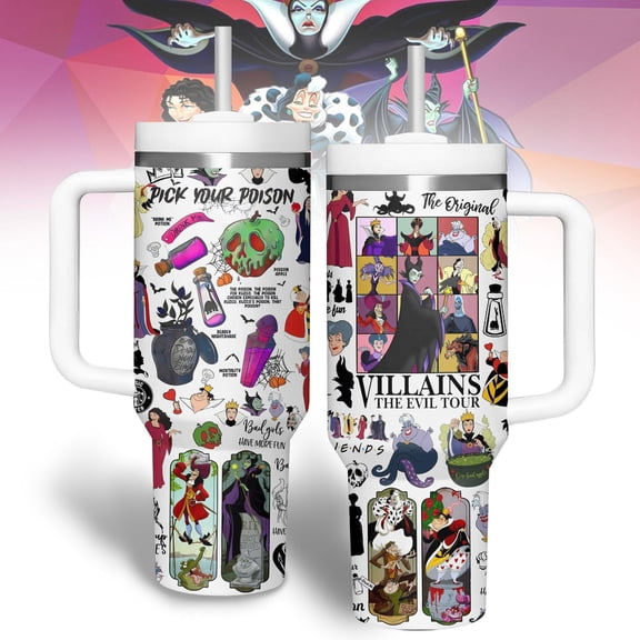 Star Mug Villains Evil Tour Tumbler 40Oz, Evil Queens Characters Tumbler, Maleficent Cruella Ursula, Tumbler - Tumbler With Handle, To-Go Coffee Mug 40oz