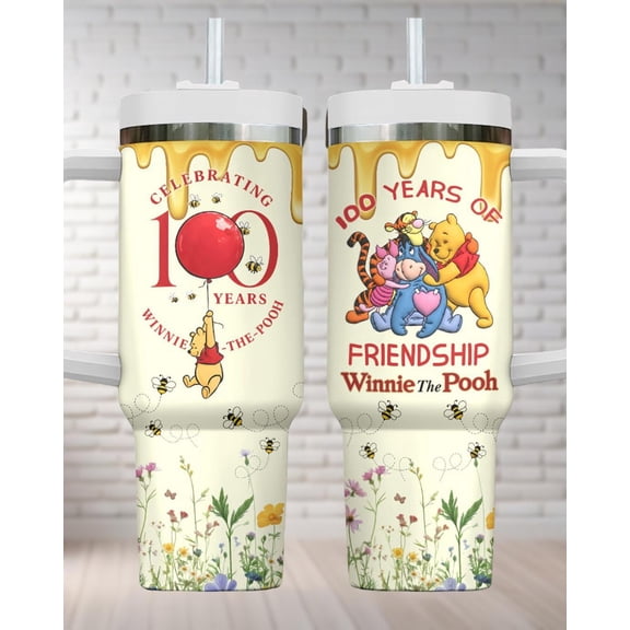 Star Mug Winnie The Pooh 100Th Anniversary Tumbler 40Oz, Pooh Insulated Tumbler, 100 Years Friendship Tumbler, Pooh Eeyore Piglet Tigger Cup - Tumbler With Handle, To-Go Coffee Mug 40oz