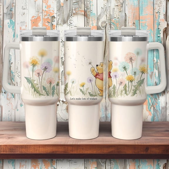 Star Mug Winnie The Pooh Thermal Mug 40Oz – Coffee Mug With Handle & Straw – Cute Dandelion Motif – Creamy White – Gift For Girls - Tumbler With Handle, To-Go Coffee Mug 40oz