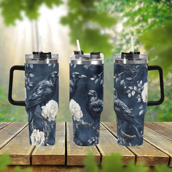 Star Mug Witchy Midnight Forest 40oz Tumbler, Gothic Bird Floral Cup, Large Coffee Travel Mug, Dark Goth Aesthetic Tumbler Gift 40oz