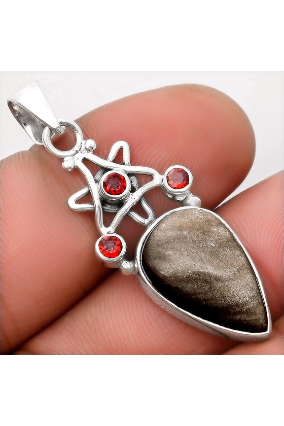 Star Natural Silver Obsidian & Garnet 925 Sterling Silver Pendant Jewelry P-1095 SDP107516