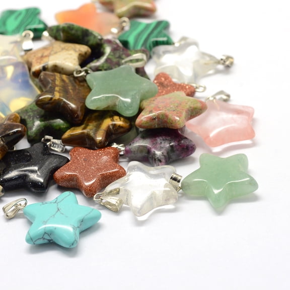 Star Natural & Synthetic Mixed Stone Pendants with Platinum Tone Brass Findings 22~23x20~24x5~7mm Hole: 2x7mm