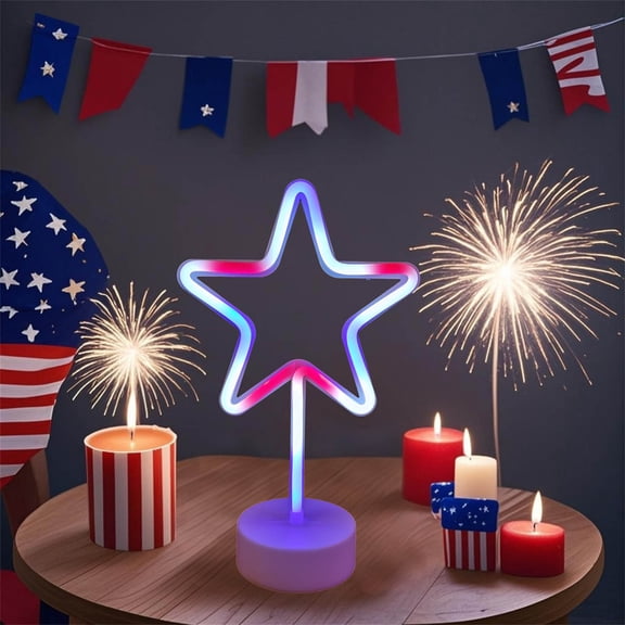 Star Neon Sign 11.8 Inch LED Patriotic Light, Red White Blue Independence Day Decor For Wall Party, USB Battery Operated Night Light For Home Bar