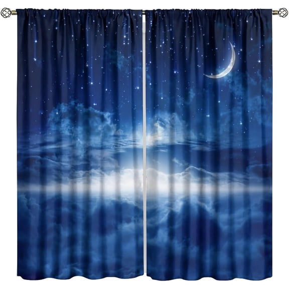 Star Night Sky Blackout Curtains, Moon Foggy Clouds Landscape Theme Print Window Drapes for Kids Girls Bedroom Living Room Decor 26"W x 45"L (Pack of 2)