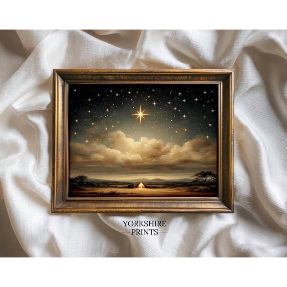 Star Of Bethlehem Above Nativity Wall Art Print, Vintage Holy Night And ...