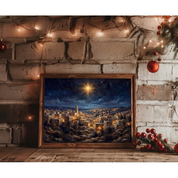 Star Of Bethlehem Art. Holy City Night Print. Christian Wall Art. O Little Town. Vintage Christmas.