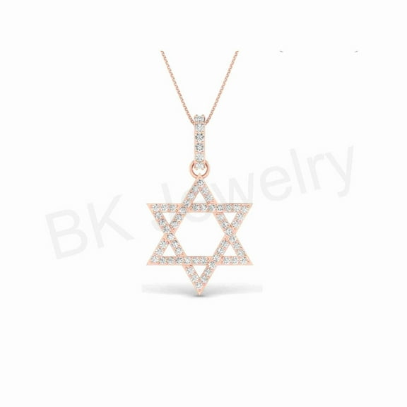 Star Of David Pendant Necklace 18" Inches Cabel Chain Jewelry Gift For Women 14K Rose Gold Plating 925 Sterling Silver