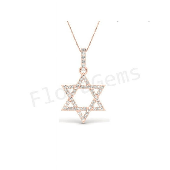 Star Of David Pendant Necklace 18" Inches Cabel Chain Jewelry Gift For Women 14K Rose Gold Plating 925 Sterling Silver
