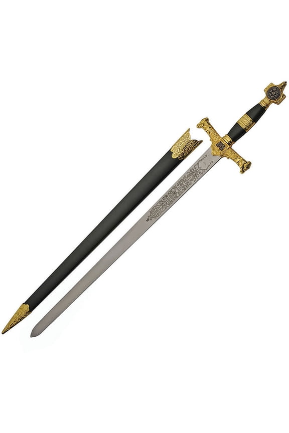 Star of David Sword 22" Stainless Steel Blade, Black & Gold Handle, Mirror Finish with Floral Etched Design Decorative & Collectible Sword with Scabbard