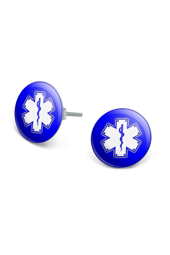 Star Of Life Medical Health EMT RN MD Novelty Silver Plated Stud Earrings