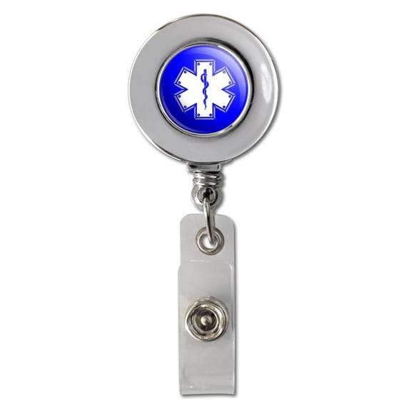 Star Of Life Medical Health EMT RN MD Retractable Reel Chrome Badge ID Card Holder Clip